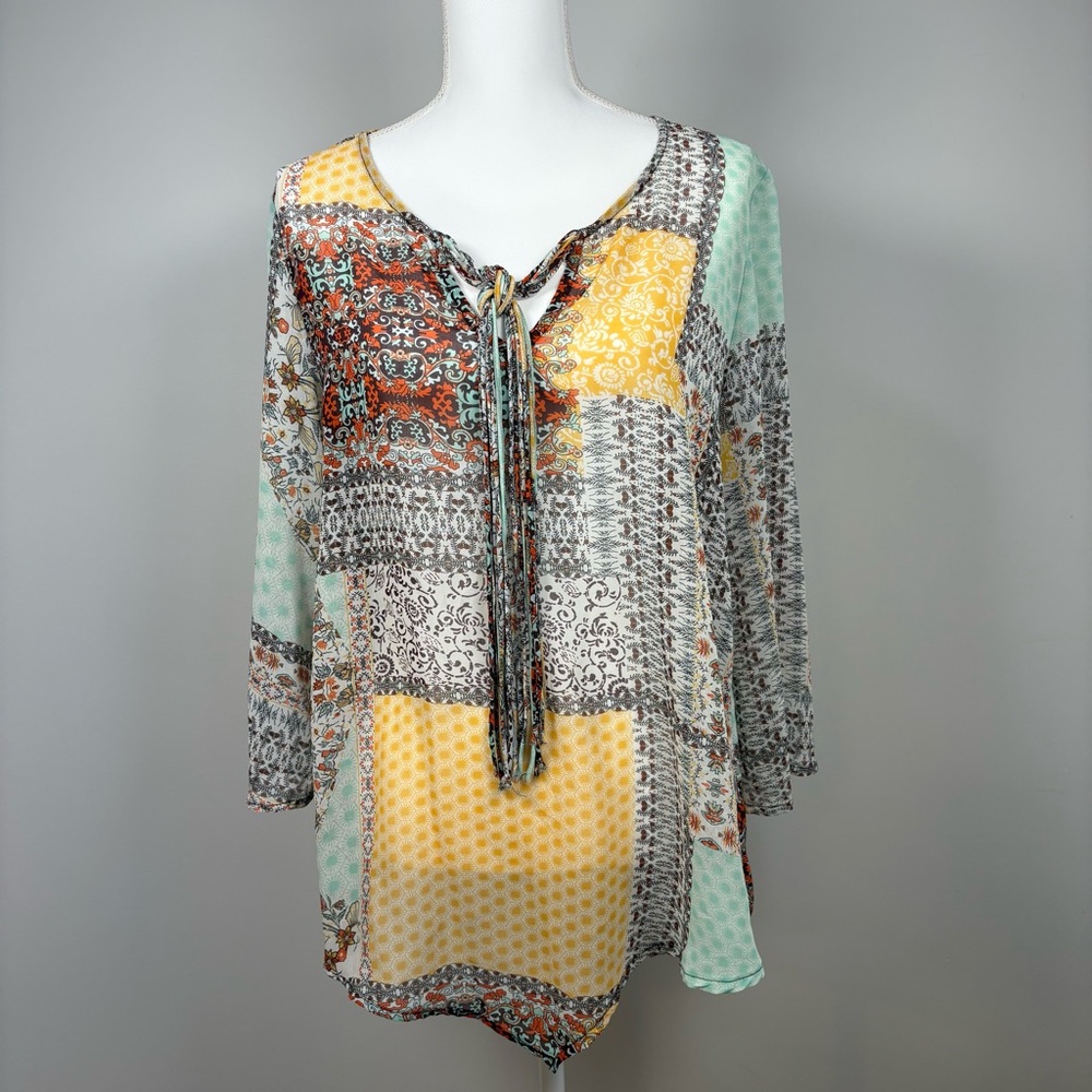 Women’s  L We And Let Live Boho Patchwork Bell Sleeve Peasant Tunic Blouse